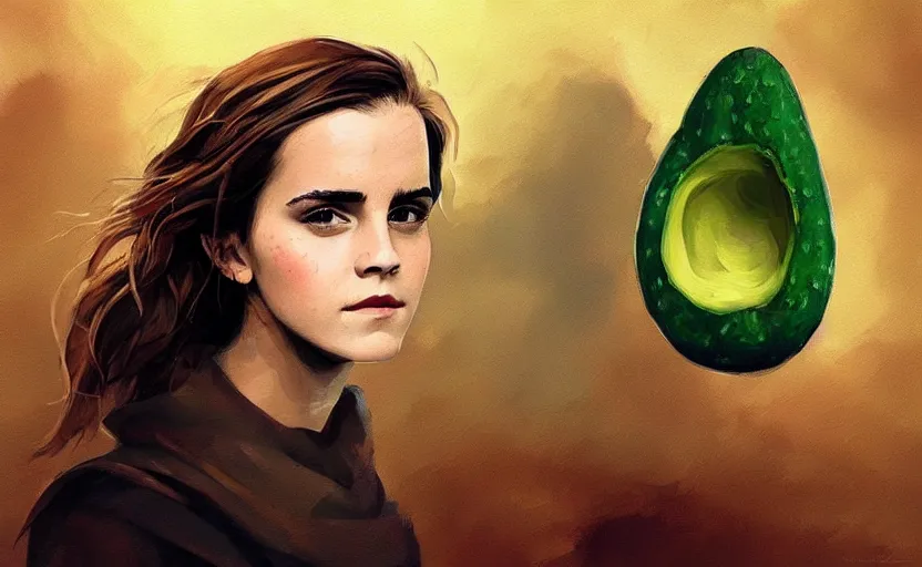 Image similar to a painting of emma watson as an avocado trending on artstation in the style of greg rutkowski