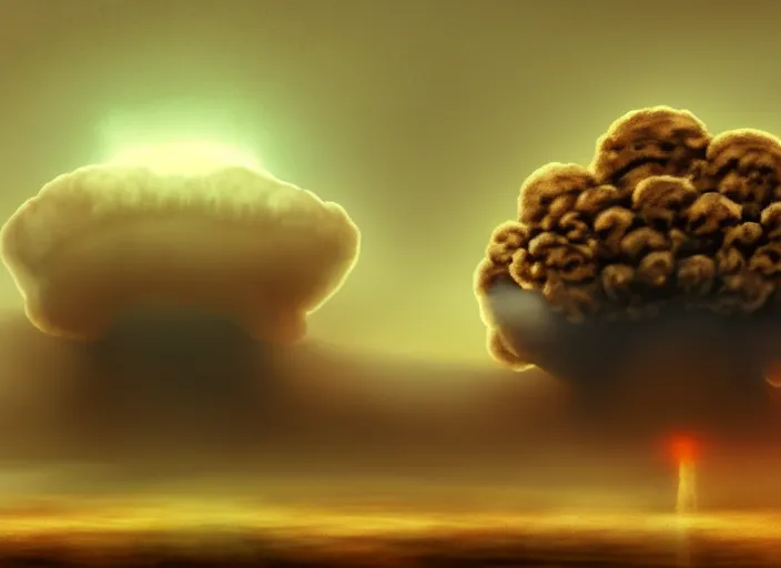 Image similar to soft drawing of a photorealistic life-like nuclear explosion with a mushroom cloud and shockwaves with dust and fog in the city. Centered. Horror dystopia style. Highly detailed 8k. Intricate. Nikon d850 300mm. Award winning photography.