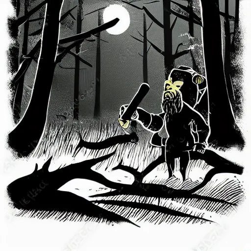 Image similar to night forest scene with lumberjack, illustration in style of hellboy