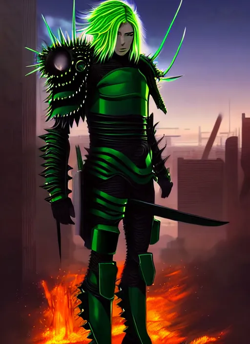 Image similar to a striking cinematic full body manga portrait of a male warrior with long blonde hair and blue eyes wearing evil green spiked cyberpunk armour and standing in the desolate burning ruins of a futuristic city by hirohiko araki and beeple, fine details, digital art, character concept art, volumetric lighting, cinematic light, photorealistic