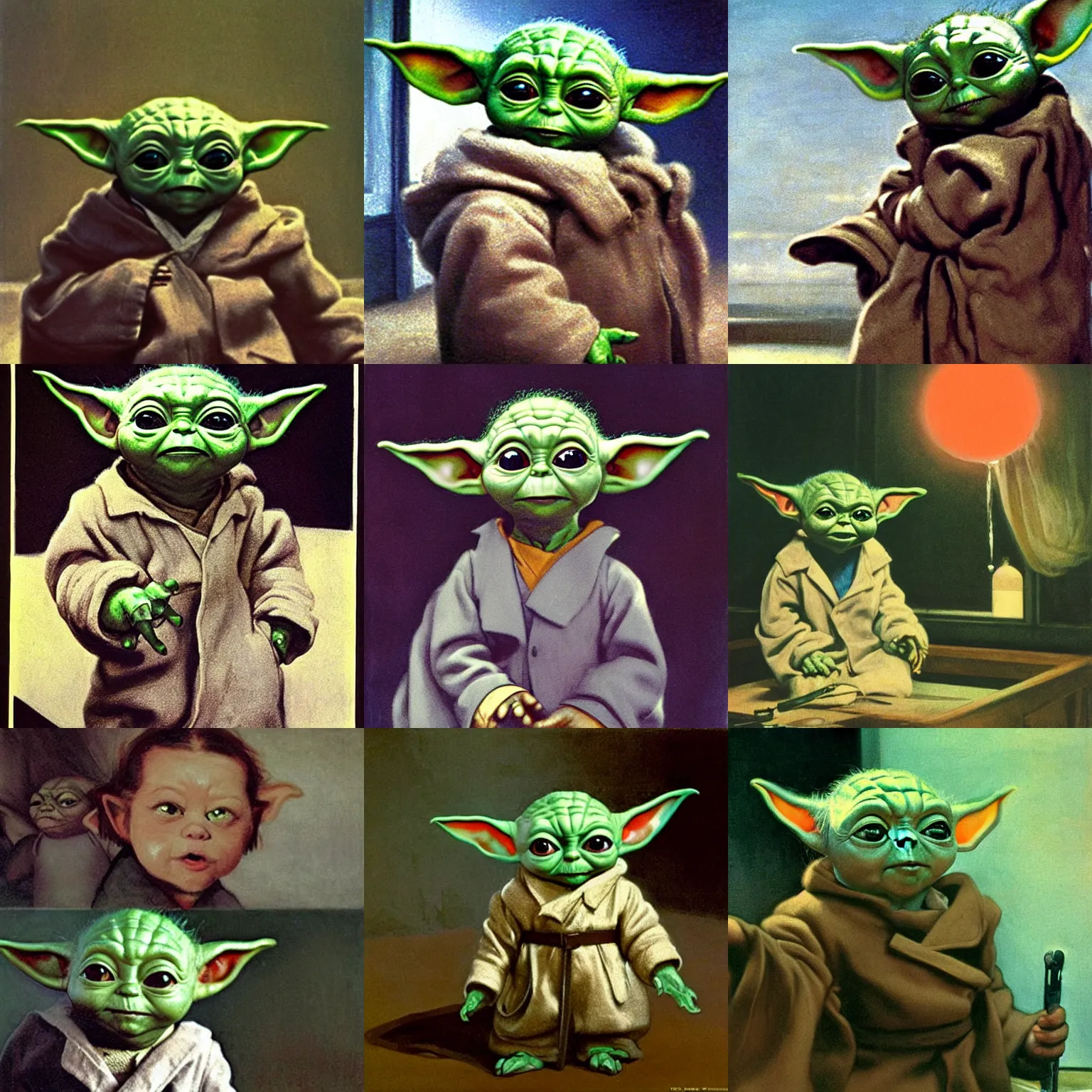 Prompt: Baby yoda as a scientist. 1980s dystopian Soviet Russia, propaganda screens. By Greg Rutkowski, Gustave Courbet, Rosa Bonheur, Edward Hopper, Ilya Yefimovich Repin, Jean-François Millet, Andrew Newell Wyeth. Faithfully depicted facial expression, perfect anatomy global illumination, radiant light, detailed and intricate environment