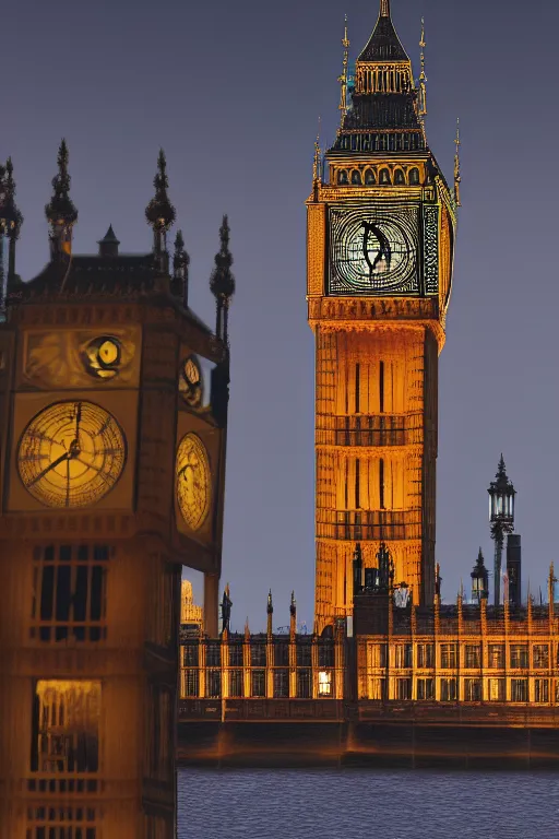 Prompt: highly detailed photography of a ghostly pirate ship flying above big ben. london. intricate, hyper realism, professional digital art, unreal engine 5, 8 k render, sharp focus, trending on art station.