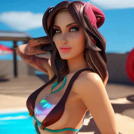 Image similar to pool party Caitlyn enjoying the Californian sun (League of Legends). 3d octane render 4k