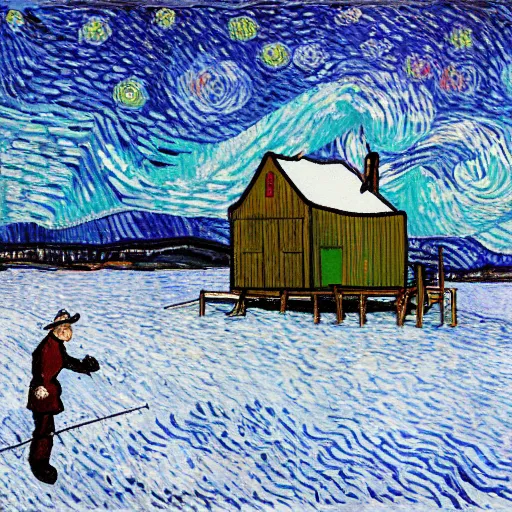 Prompt: an ice fishing hut on a frozen lake, vincent van gogh self - portrait, in the style of vincent van gogh, starry night