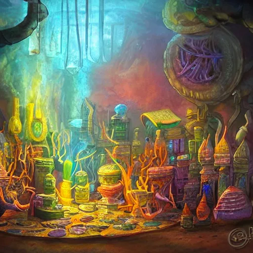 Image similar to these monsters are consumed by fire, yet they remain unharmed. they are surrounded by the tools of the alchemist's trade - beakers and test tubes full of colorful liquids, crystals, and books of ancient knowledge. the scene is suffused with an eerie glow, as if something magical is happening here. by johfra