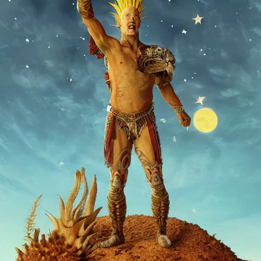 Image similar to the image of a beavis with raised arms between the moon and the sun and stars ultra realistic, concept art, intricate details, serious, highly detailed, photorealistic, octane render, 8 k, unreal engine, art by todd mcfarlane and artgerm and greg rutkowski and alphonse mucha