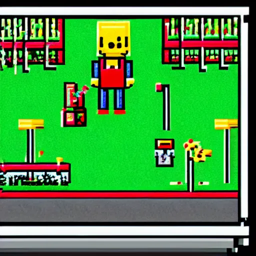 Prompt: pixel art from 1 9 8 0 s computer game depicting a robot mowing the lawn