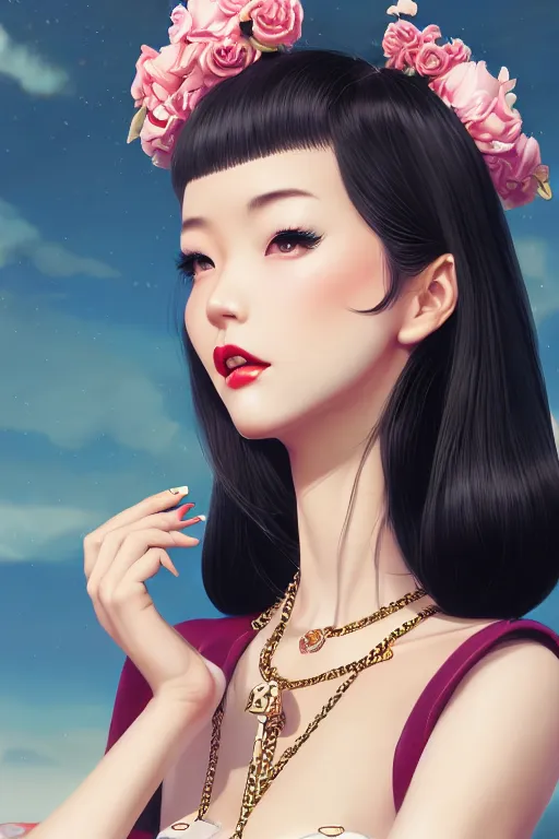 Prompt: a pin up and beautiful fashion dreamlke japan girl with lv jewelry, character art, art by artgerm and wlop and and ilya kuvshinov, hyperdetailed, 8 k realistic, symmetrical, frostbite 3 engine, cryengine, dof, trending on artstation, digital art, chanel, dior, fantasy background