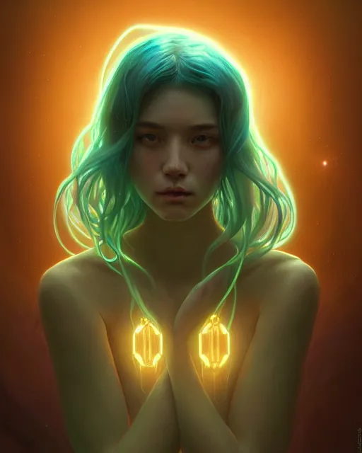 Image similar to one singular portrait of a sad bioluminescent creature, highly detailed, digital painting, cinematic, hyper realism, dark retrowave, art by stanley lau and artgerm and magali villeneuve and alphonse mucha, artstation, octane render, cgsociety