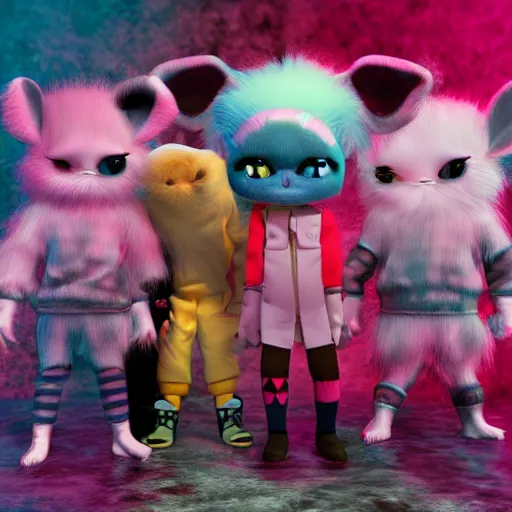 Image similar to misbehaving soft fuzzy monster musicians, in the style of billelis and james jean and pedro conti and stanley kubrick, inspired by die antwoord, kawaii colors, photorealistic, epic, super technical, 3 d render