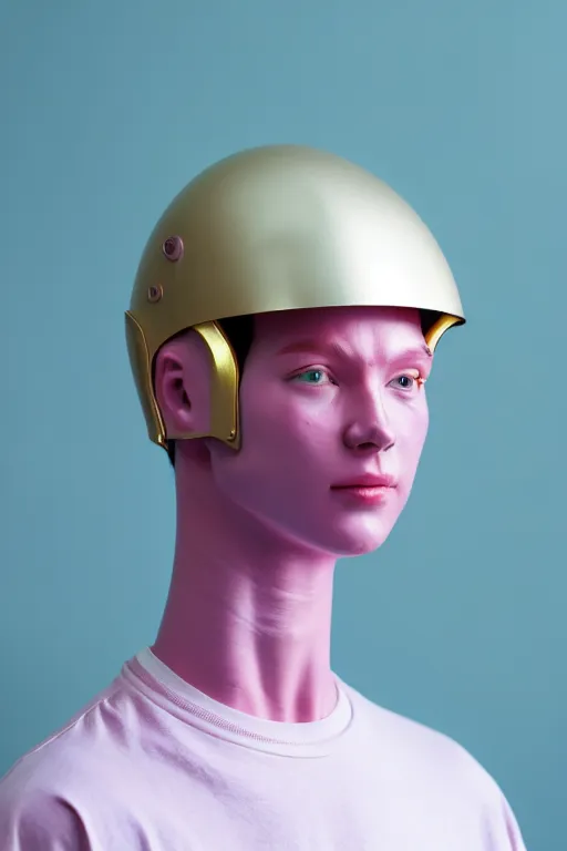 Image similar to a high definition film photograph of a normal androgynous robot human wearing a plain white t - shirt, in a pastel pink room. happy. metal visor covering eyes. metallic shiny gold coloured helmet. crushed shadows.