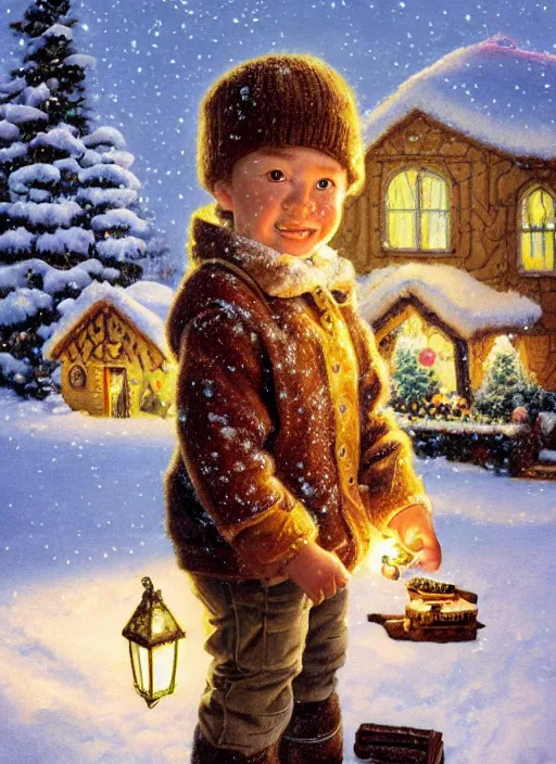 Prompt: close-up portrait of little boy wearing a little backpack finding a gingerbread house in the snow, winter scene fantasy, fireflies, torch light, scary creatures in background, intricate, elegant, highly detailed, centered, smooth, sharp focus, Donato Giancola, Joseph Christian Leyendecker, WLOP, Boris Vallejo, Artgerm