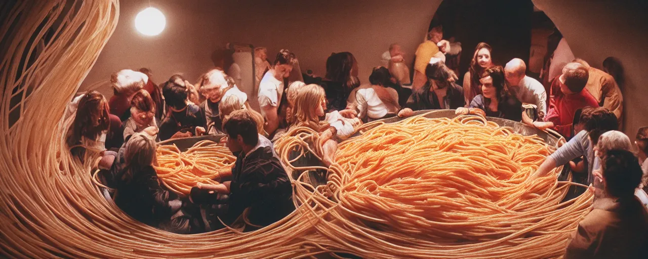 Prompt: a group of people inside a giant bowl of spaghetti, trying to get out, canon 5 0 mm, cinematic lighting, photography, retro, film, kodachrome