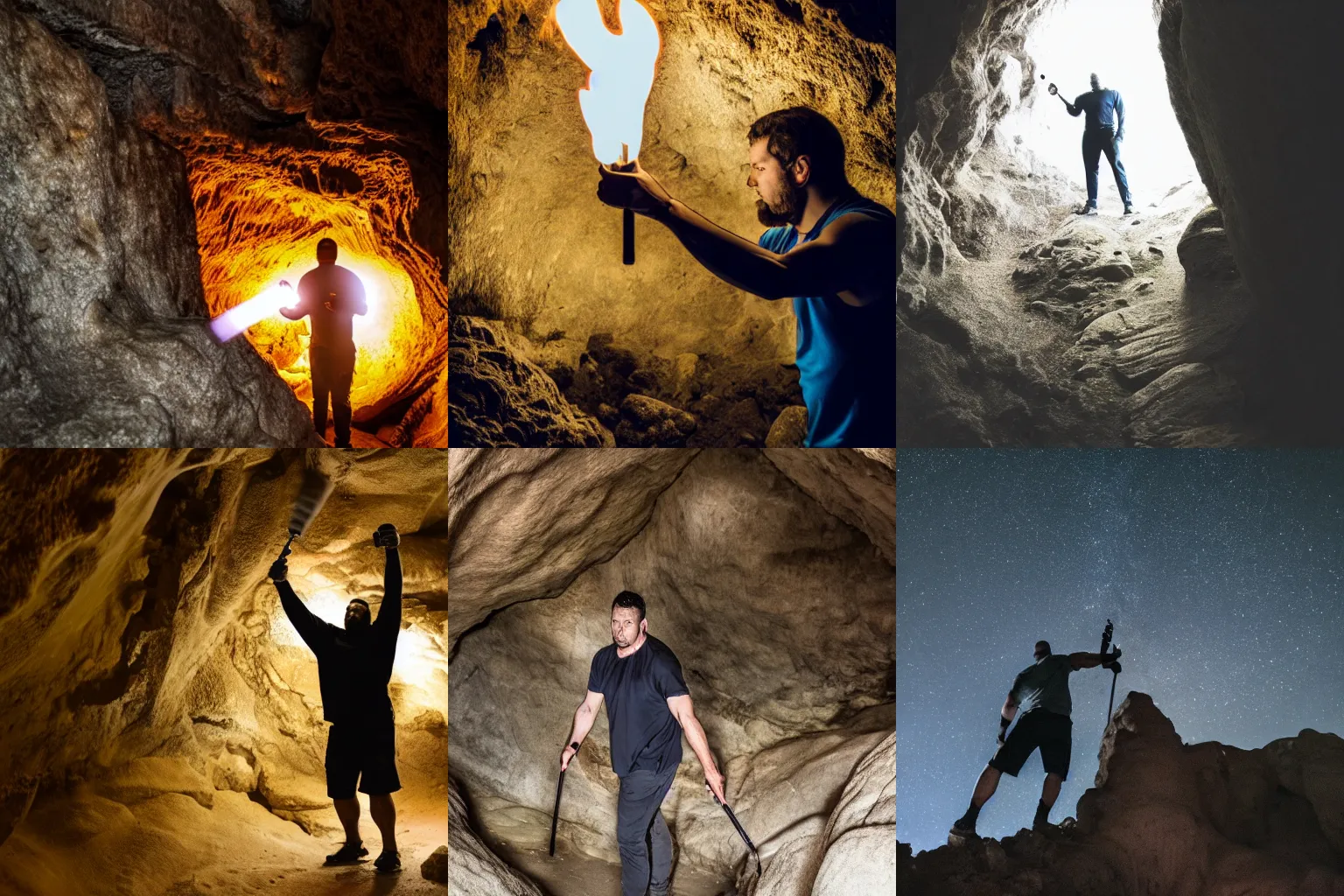 Prompt: A big strong man exploring a cave with a torch, professional photography.