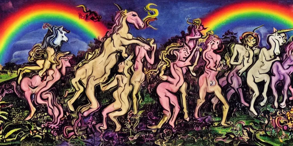 Prompt: A group of five unicorns dancing on a rave in a graveyard in the woods under a rainbow in the night sky, western style comic by Salvador Dali