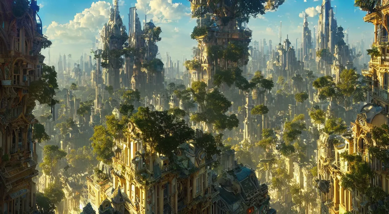 Prompt: gorgeous solarpunk city with happy people and animals, lots of beautiful trees, happy scenes, late afternoon light, wispy clouds in a blue sky, unreal engine, intricate, highly detailed, elegant, trending on artstation, sharp focus, cinematic lighting, art by greg rutkowski and alphonse mucha