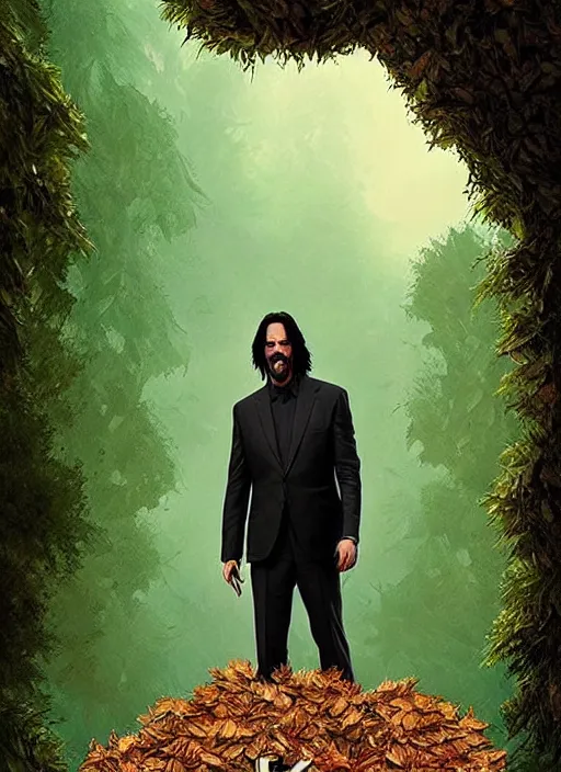 Image similar to highly detailed comedy caper movie poster with silly wacky zany keanu reeves as a sentient pile of leaves, keanu reeves green face as a sentient leafy bush by greg rutkowski, masterpiece, really funny, 1 0 / 1 0 comedy