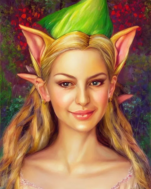 Image similar to Jeffrey Epstein as a beautiful elf princess, oil painting, by laura sava