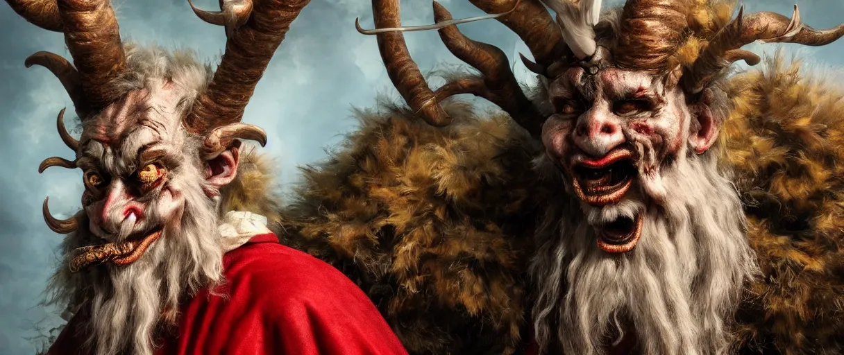 Image similar to hyperrealist highly detailed neo-baroque portrait of krampus standing in dolomites concept art pascal blanche dramatic studio lighting 8k wide angle shallow depth of field