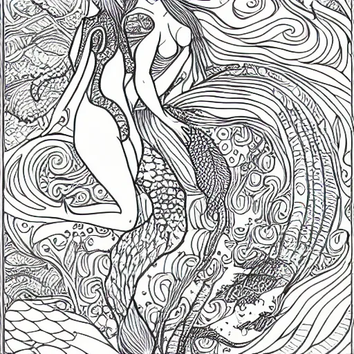 Image similar to an adult coloring page of mermaids, highly detailed