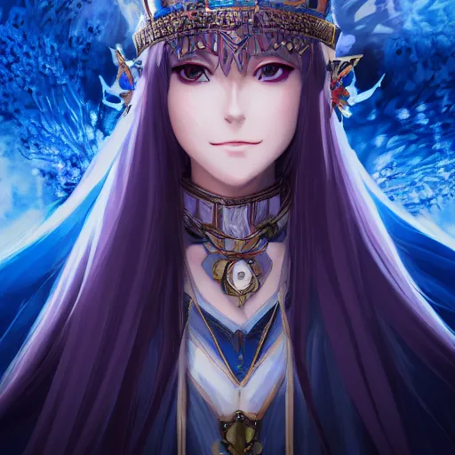 Image similar to portrait of professor scathach skadi queen of ice and snow, anime fantasy illustration by tomoyuki yamasaki, kyoto studio, madhouse, ufotable, square enix, cinematic lighting, trending on artstation