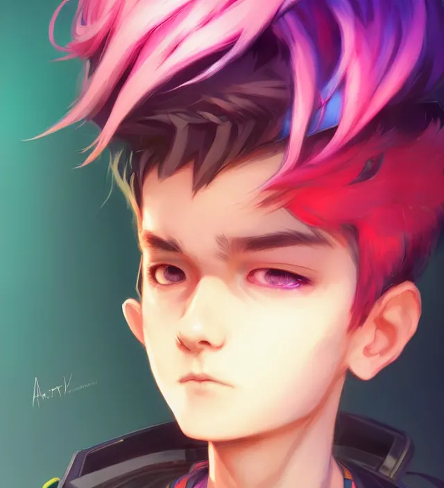 Image similar to character concept art of a cute young cyberpunk boy with colorful hair and collar | | cute - fine - face, pretty face, key visual, realistic shaded perfect face, fine details by stanley artgerm lau, wlop, rossdraws, james jean, andrei riabovitchev, marc simonetti, and sakimichan, trending on artstation