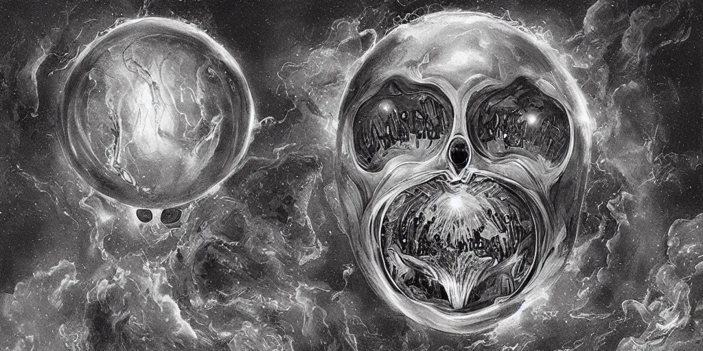 Image similar to a beautiful dreamy painting of a coronavirus inside a high-resolution television screen, laughing alien face, dark, sinister, detailed, art by M.C. Escher and Matt Lombardi and Greg Rutkowski-H 576