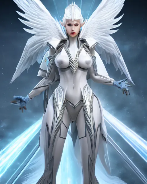 Image similar to perfect white haired egyptian goddess with huge white dove wings, warframe armor, attractive, beautiful, symmetric, dreamy, half asian, pretty face, blue eyes, detailed, scifi platform, laboratory, experiment, 4 k, ultra realistic, epic lighting, android body, illuminated, cinematic, masterpiece, art by akihito tsukushi, voidstar