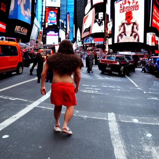 Image similar to a neanderthal caveman confused in times square