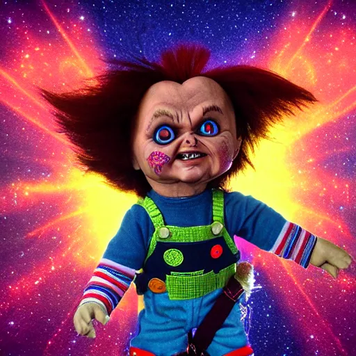 Image similar to Chucky the killer doll flying through the cosmos, psychedelic lighting