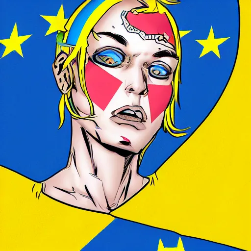 Image similar to tank girl comic, ultra detailed face, ukrainan flag