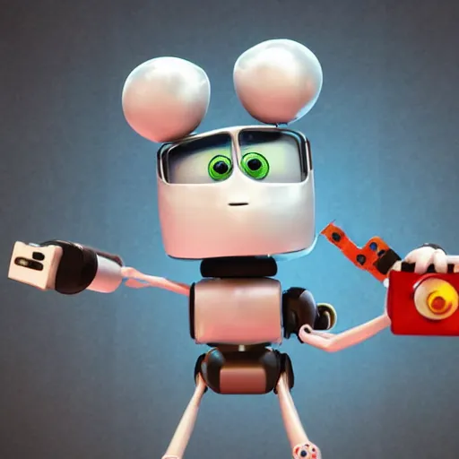 Image similar to a cool mechanic robot chick, with a tv head and gears and bolts everywhere on its body, doing karate moves in the air and swinging an electric guitar, 3 d render by pixar and disney