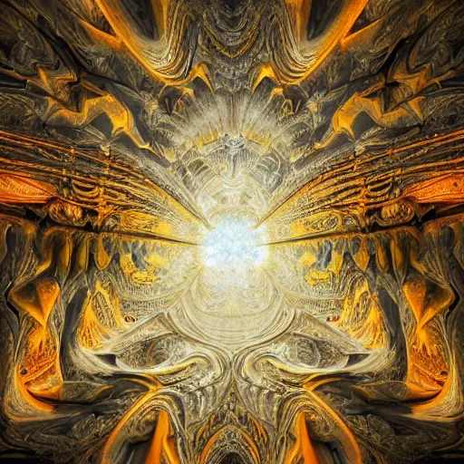 Image similar to a beautiful 3 d painting of a huge sprawling fractal cathedral interior populated by mandelbrot fractals by android jones, unreal engine, carved stone, carved soap, white color scheme, volumetric lighting, octane render, dramatic lighting, glowing, carved marble, opalescent, sacred geometry, religious, angelic, catholicpunk, stark, 8 k, ultra detailed