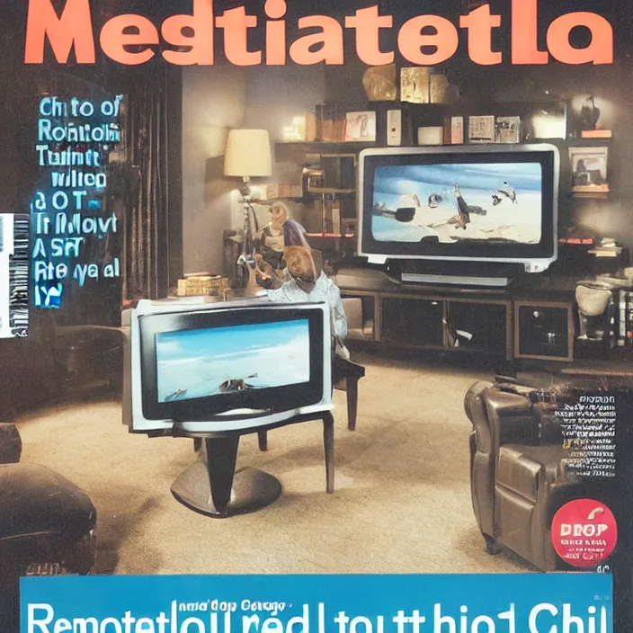 Prompt: a remote control with a small computer chip in it that when you point it at a picture on the tv, it makes it look alive. magazine cover