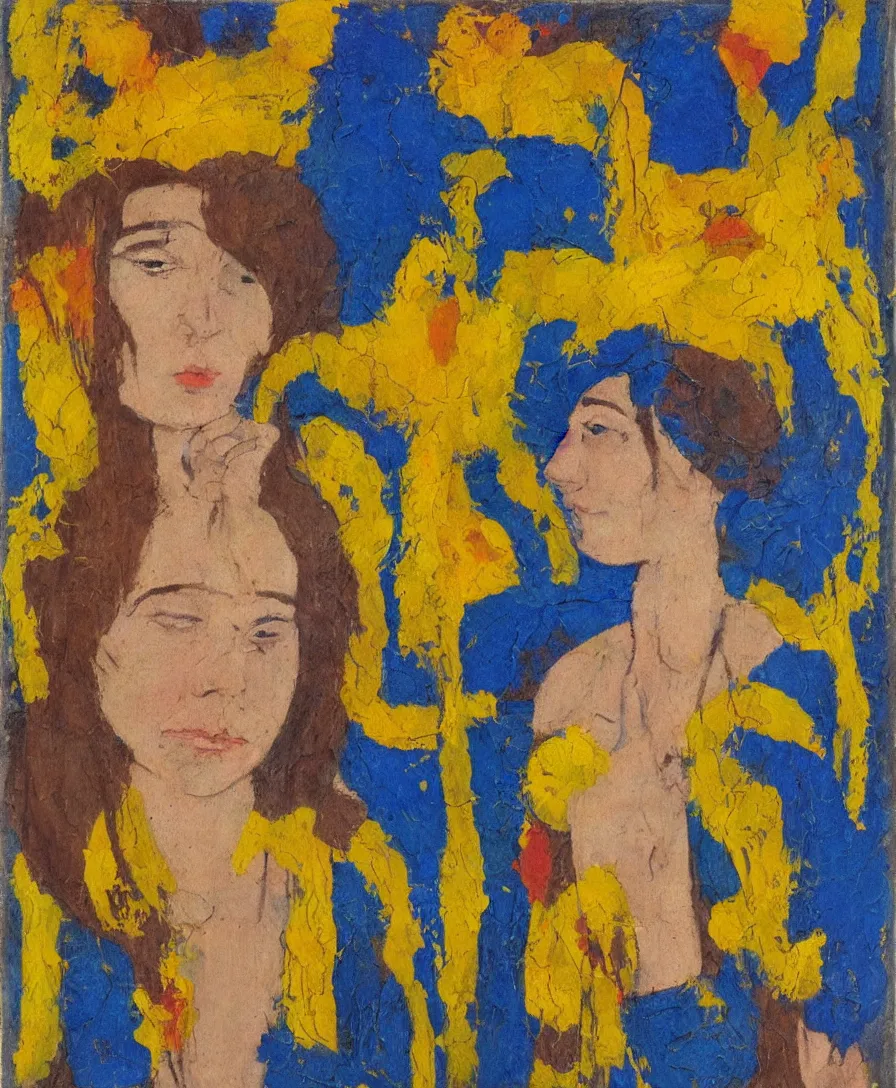 Image similar to portrait of a single lonely priestess with flowers in her hair and a candle in her hand, yellow and blue ribbons, expressive abstractionism, many small saturated hard relief strokes of oil on canvas with high detail