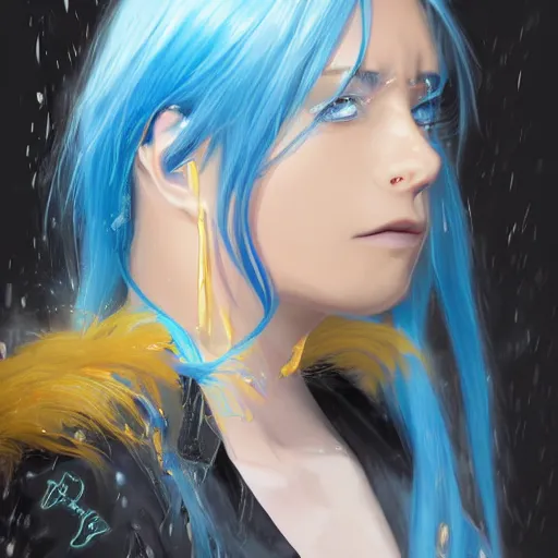 Image similar to side profile of rimuru tempest with sky blue hair, long hair, blue eyebrows, blue eyelashes, gold eyes, high collar, black jacket | shiny, highly detailed, rain, professional digital painting, concept art, award - winning photography, cinematic, wlop | art by pixiv art, yoshitaka amano, deviantart