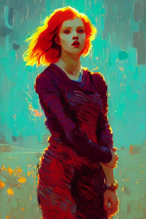 Image similar to portrait of a beautiful redhead girl, complementary colors, beautiful face, rule of thirds, intricate outfit, spotlight, by greg rutkowski, by jeremy mann, by francoise nielly, by van gogh, digital painting