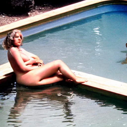 Image similar to big sir sitting in a hot spring with a super model, film still