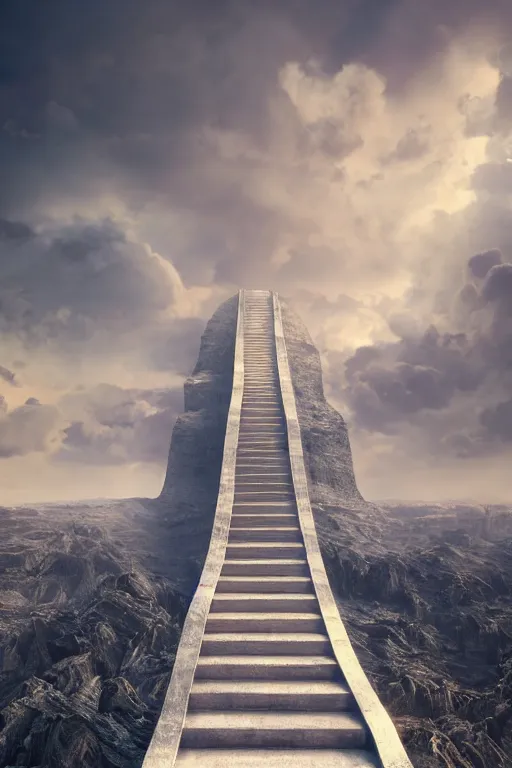 Image similar to infinite stairs rising to the heaven in the middle of the sky, concept art, octane render, unreal engine 5, digital painting, hyperrealistic, highly detailed, high quality, 8 k hdr, digital art, clouds in the sky, breathtaking view, path traced, god, godrays, beautiful, elegant, harmonious, complementary colors, natural lighting