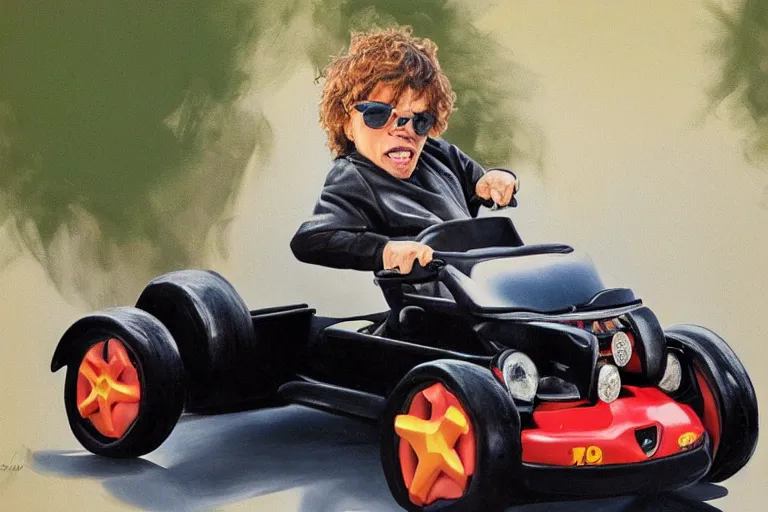 Prompt: black velvet painting of peter dinklage driving a little tikes crazy coupe