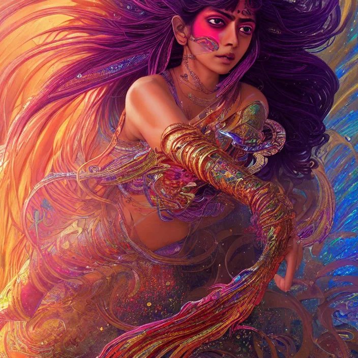 Prompt: ultra detailed illustration of a angry indian anime girl, skin covered in a sea of iridescent liquid, chrome metal material, lost in a dreamy oriental realm by Karol Bak, Moebius, hiroshi yoshida, Druillet, xsullo, colorful, front view, vivid colors, 8k, coherent, anime vibes, uplifting, magical composition, artstation, synthwave, 8k, coherent, artgerm, uplifting, unreal engine, magical composition, artstation