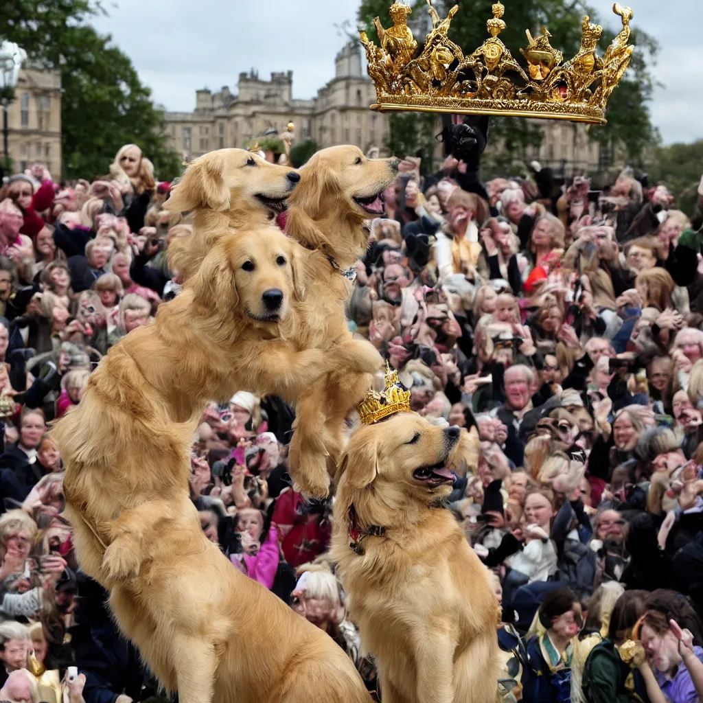 Image similar to national geographic photo of a golden retriever wearing a crown being hailed as the new king of England by a crowd of people at Buckingham palace in the background