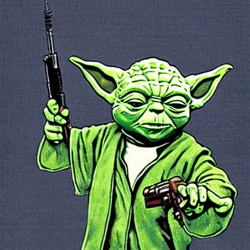 Prompt: yoda holding an AK