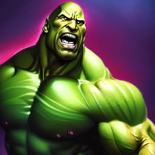 Image similar to dwayne johnson as incredible hulk, by stanley artgerm lau, wlop, rossdraws, james jean, andrei riabovitchev, marc simonetti, and sakimichan, tranding on artstation