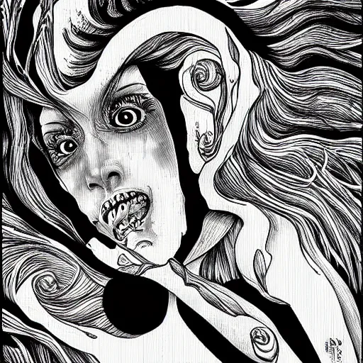 Image similar to black and white illustration creative design, fish, junji ito, body horror