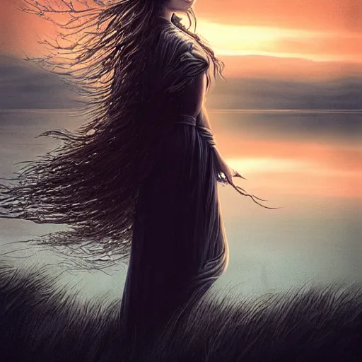 Image similar to young beautiful woman by the lake, hair waving in the wind, sunset, high detail, dramatic light, digital art, chiaroscuro, dark, painted by seb mckinnon and caspar david friedrich, trending on artstation