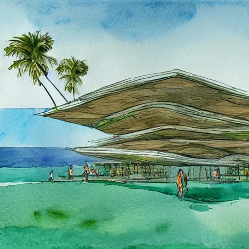 Image similar to watercolor sketch of organic rectangular architecture concept, sea, renzo piano, sketche, villa, people, beach, artistic, ecology, green.