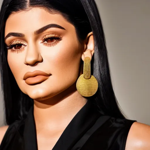 Image similar to kylie jenner wearing black robe and golden necklace cinematic photoshoot high quality highly affordable photo realistic 8 k hd