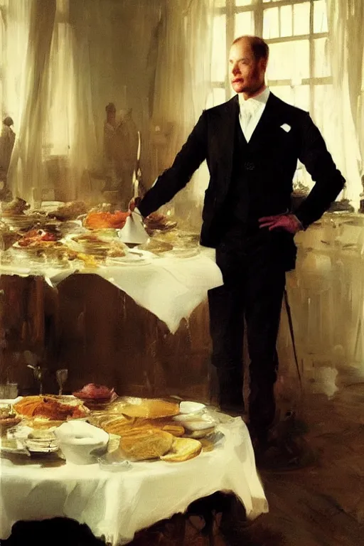 Prompt: portrait of a respectable dignified royal business elite politician standing on top of a finely set table calmly stepping in the food art by anders zorn, wonderful masterpiece by greg rutkowski, beautiful cinematic light, american romanticism by greg manchess, jessica rossier