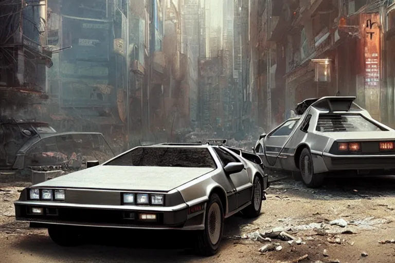 Prompt: highly detailed photorealistic rendering of the delorean from back to the future parked on the streets of a cyberpunk abandoned city, futuristic post - apocalyptic vibe, by greg rutkowski and stanley artgerm and alphonse mucha, octane, sharp focus, hyperrealistic, unreal engine 5, vray, masterpiece